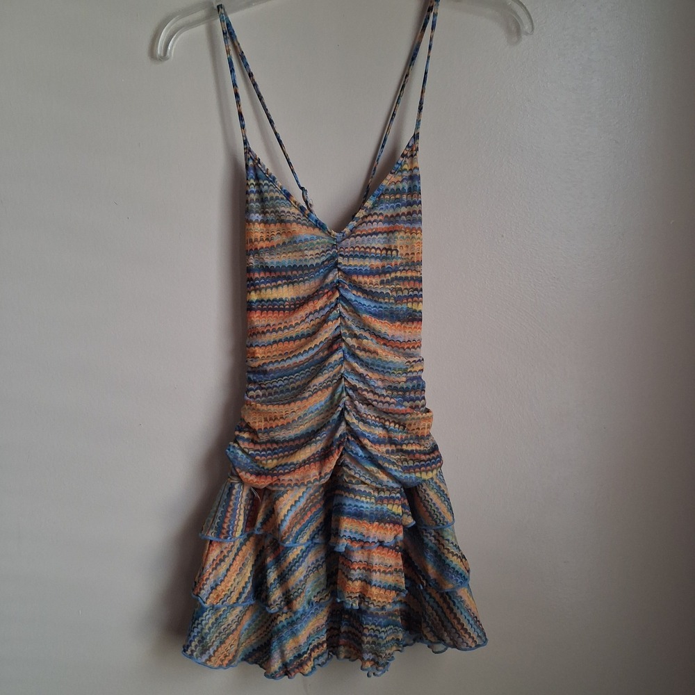 Wild Fable Multi Marbled Print Ruched Ruffle Mini Dress XS Adjustable Strap - Picture 1 of 6